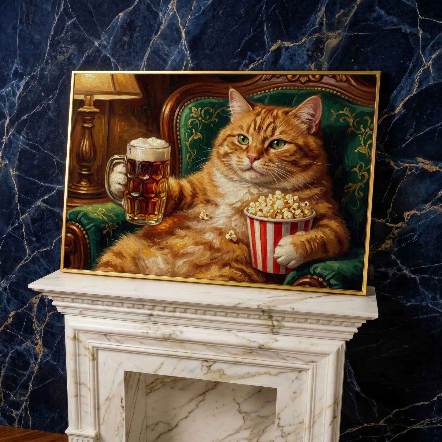 Ginger Cat with Beer and Popcorn Canvas Art, Funny Animal Print in yellow gold floating frame