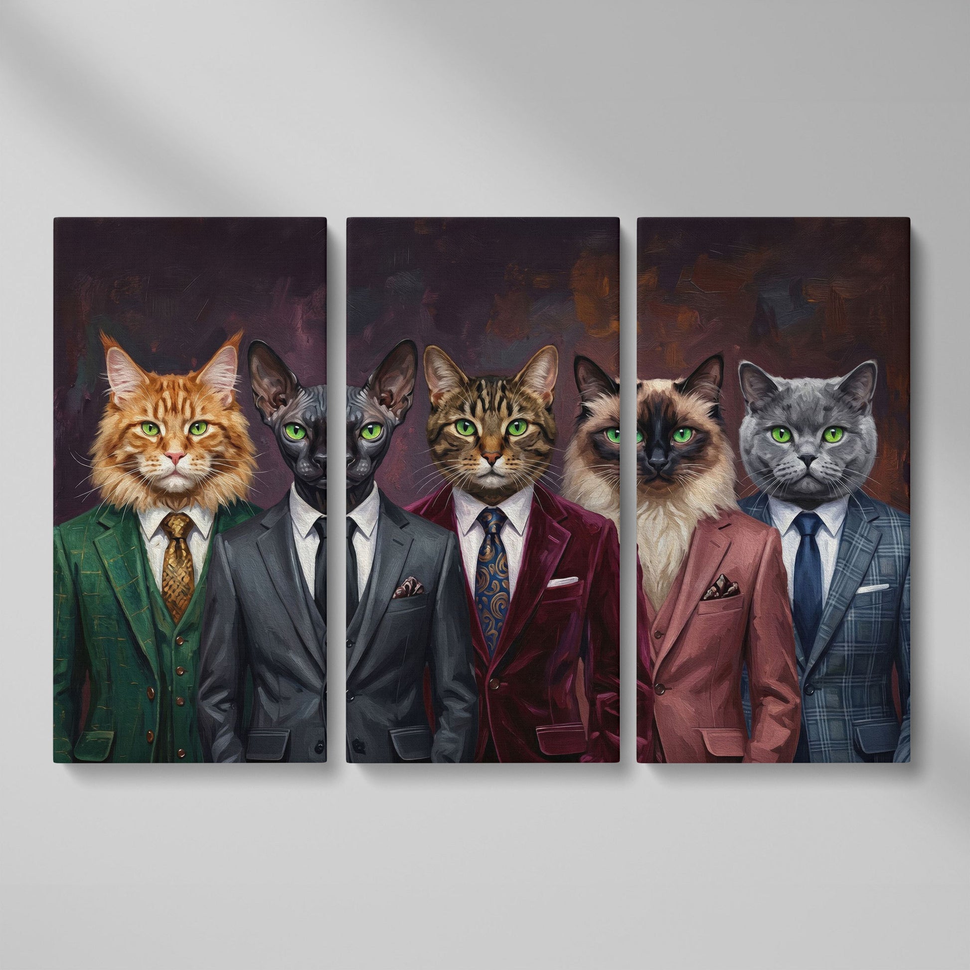 Five Cats in Suits Canvas Art, Funny Animal Wall Art as 3-panel split version