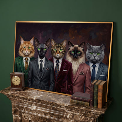 Five Cats in Suits Canvas Art, Funny Animal Wall Art in antique gold floating frame