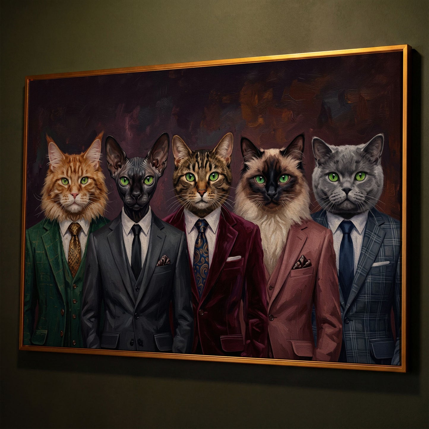 Five Cats in Suits Canvas Art, Funny Animal Wall Art shown in antique gold floating frame
