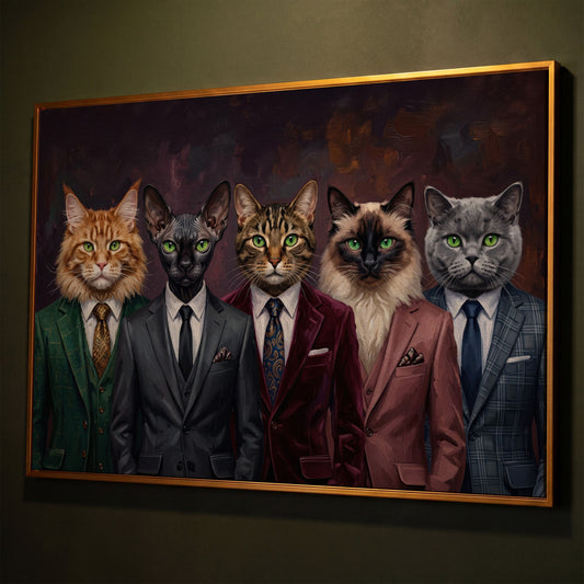 Five Cats in Suits Canvas Art, Funny Animal Wall Art shown in antique gold floating frame