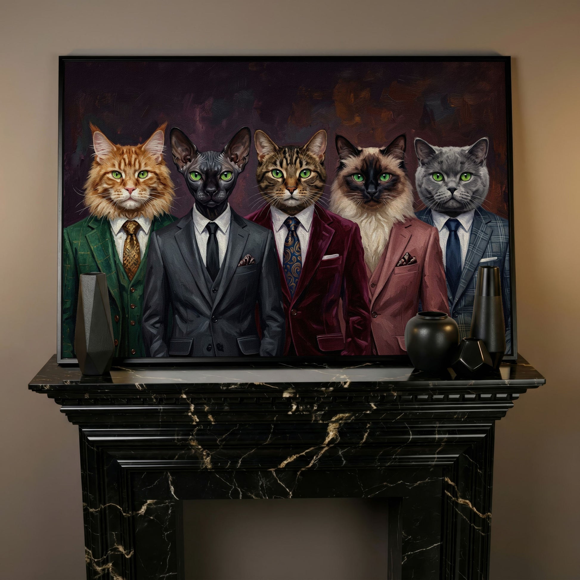 Five Cats in Suits Canvas Art, Funny Animal Wall Art in black floating frame