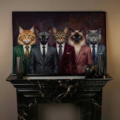 Five Cats in Suits Canvas Art, Funny Animal Wall Art in black floating frame