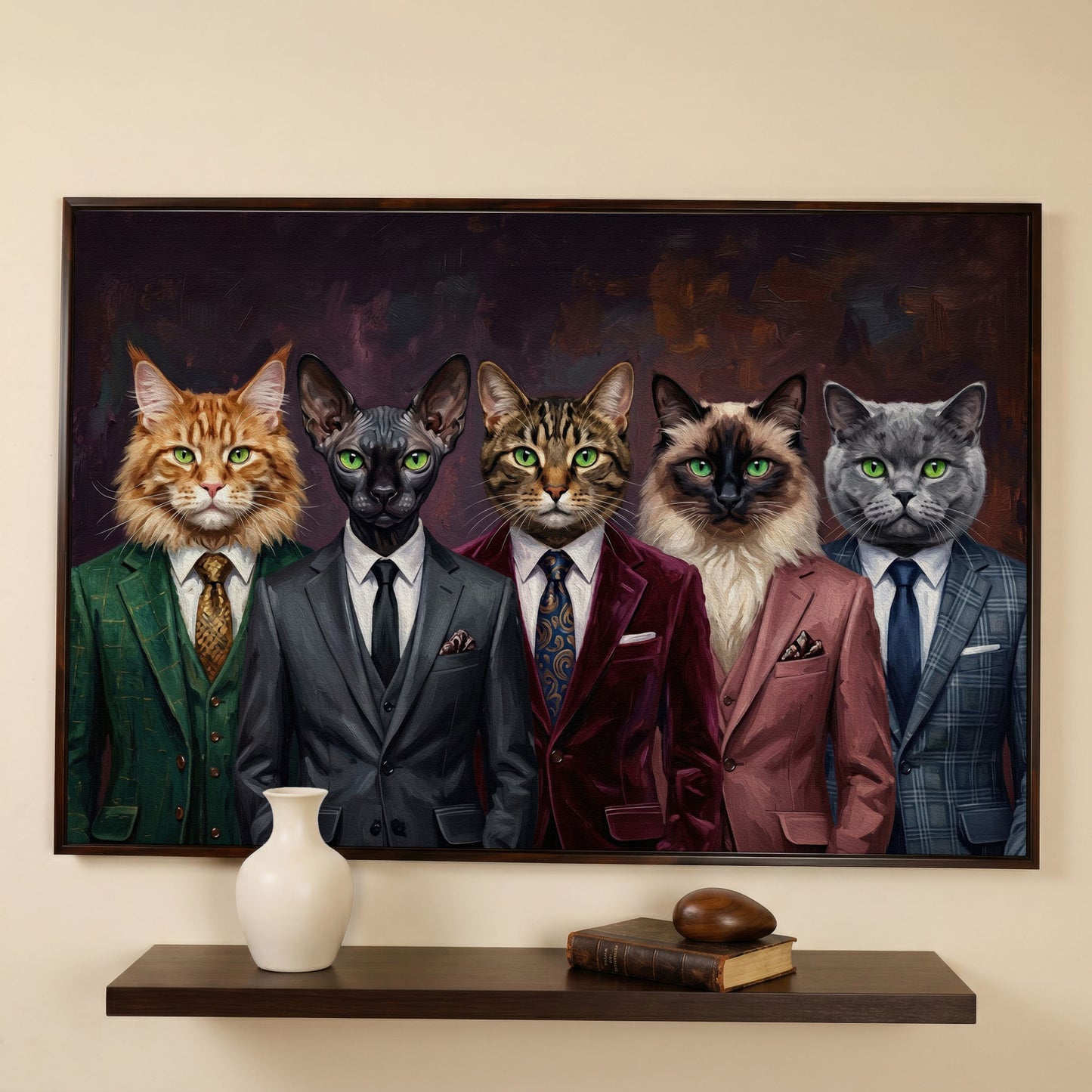 Five Cats in Suits Canvas Art, Funny Animal Wall Art in dark walnut floating frame