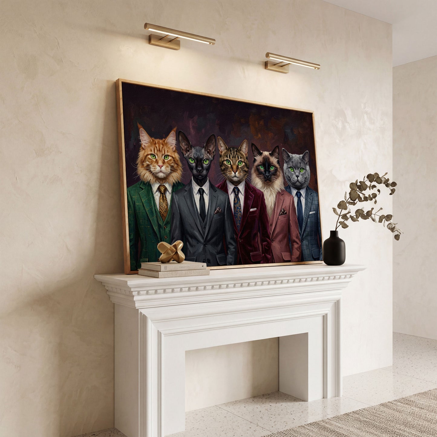 Five Cats in Suits Canvas Art, Funny Animal Wall Art in white oak floating frame