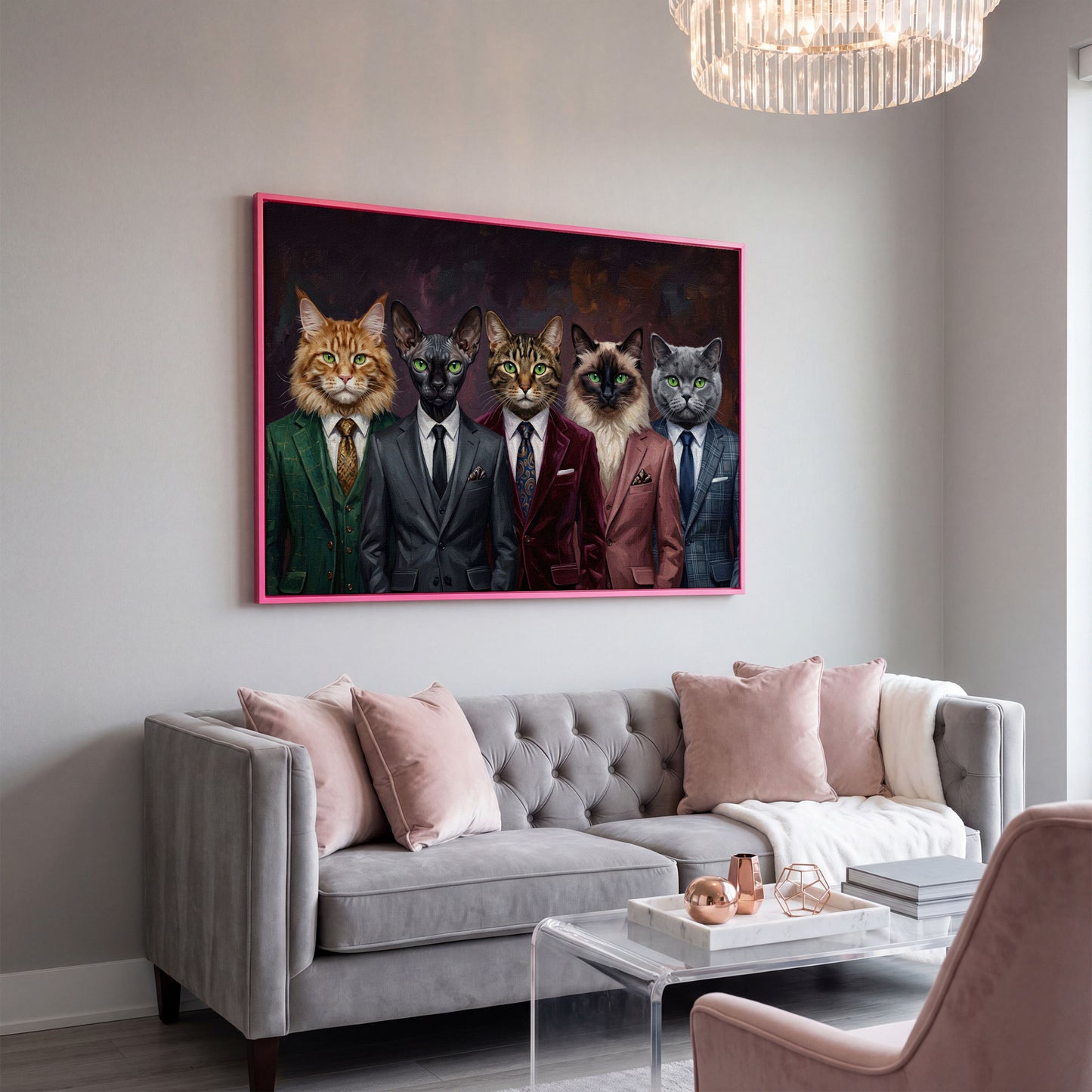 Five Cats in Suits Canvas Art, Funny Animal Wall Art in pink floating frame