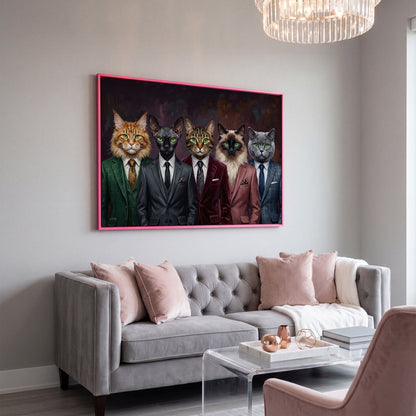 Five Cats in Suits Canvas Art, Funny Animal Wall Art in pink floating frame