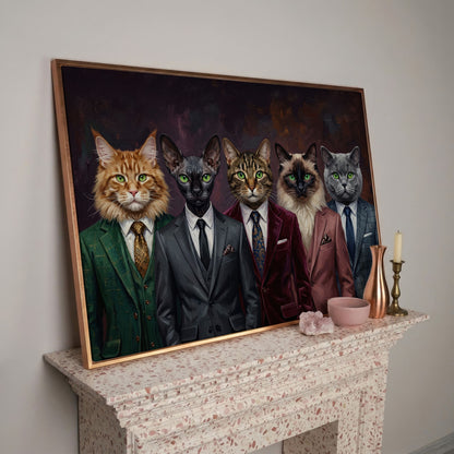 Five Cats in Suits Canvas Art, Funny Animal Wall Art in rose gold floating frame