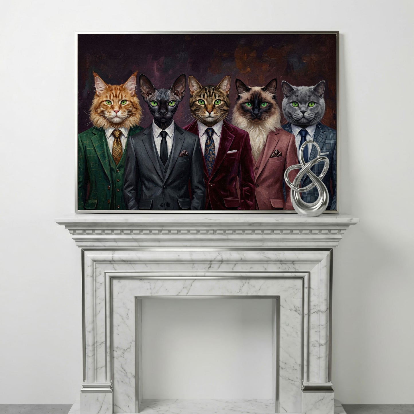 Five Cats in Suits Canvas Art, Funny Animal Wall Art in silver floating frame