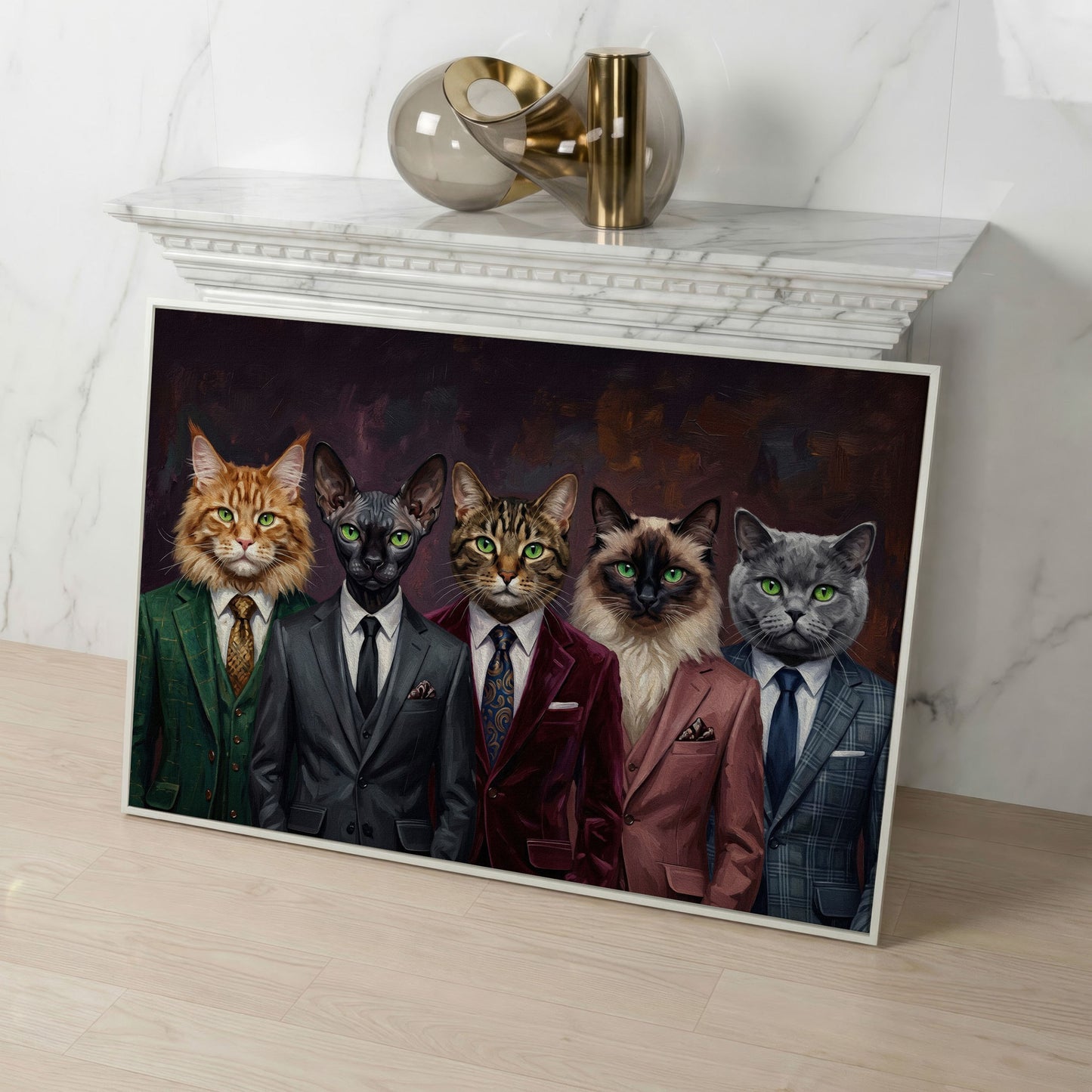 Five Cats in Suits Canvas Art, Funny Animal Wall Art in white floating frame