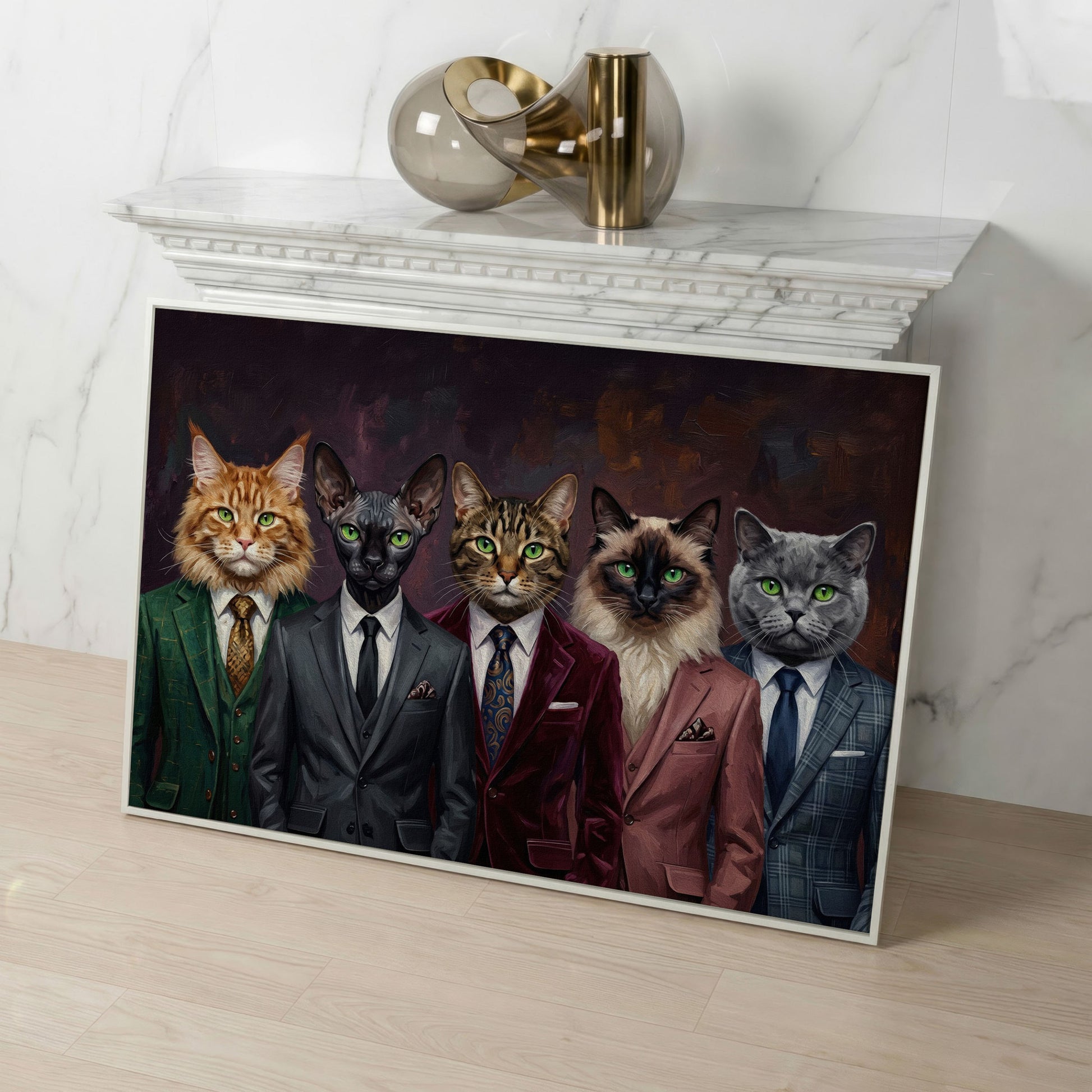 Five Cats in Suits Canvas Art, Funny Animal Wall Art in white floating frame