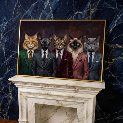 Five Cats in Suits Canvas Art, Funny Animal Wall Art in yellow gold floating frame