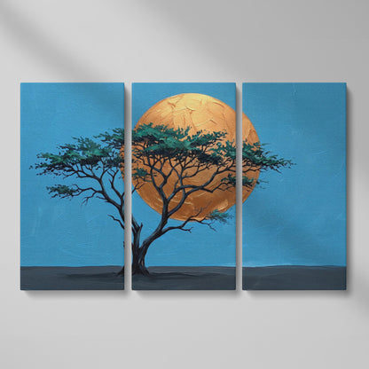 Lone Tree Against a Golden Sun: Silhouette Canvas Wall Art as 3-panel split version