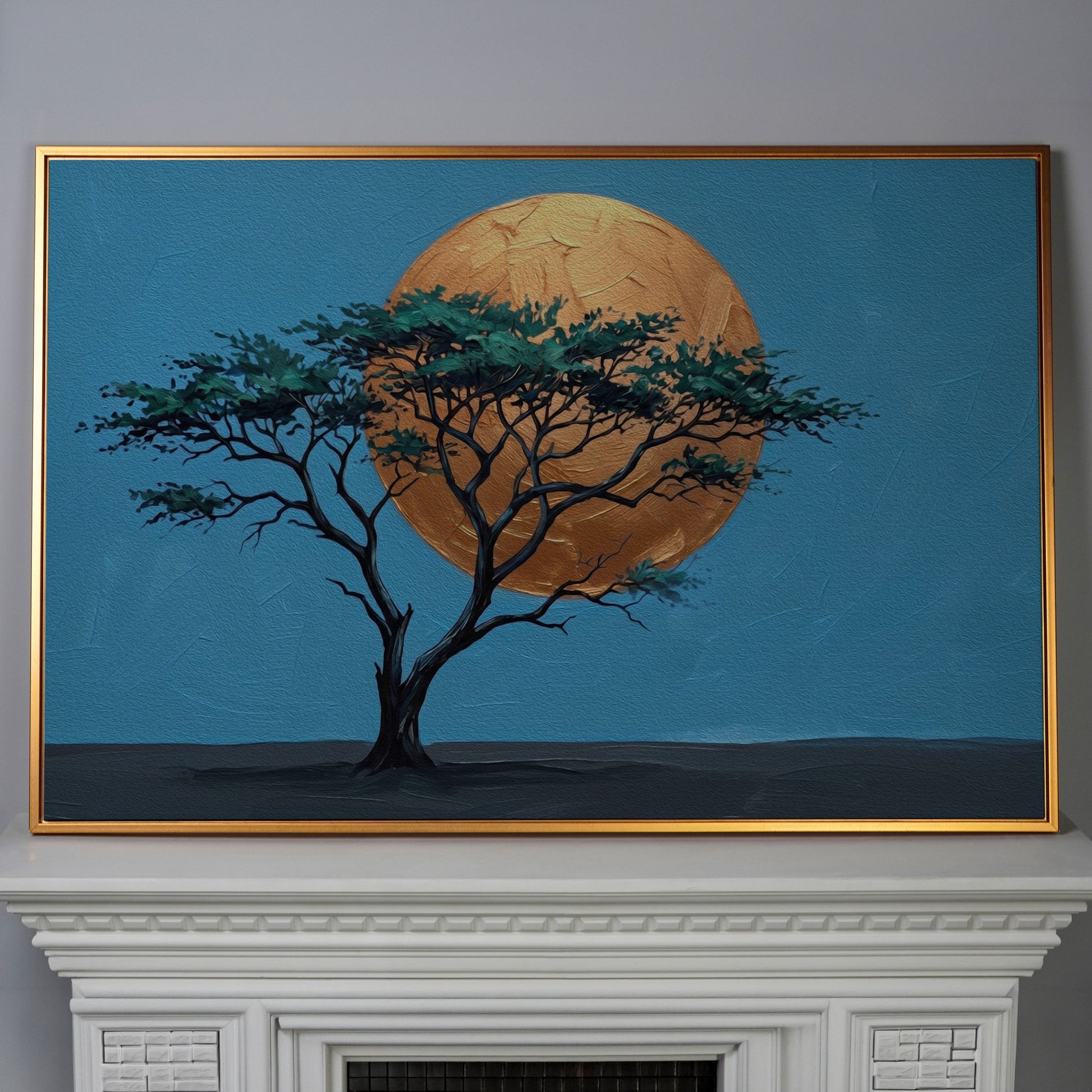 Lone Tree Against a Golden Sun: Silhouette Canvas Wall Art in antique gold floating frame