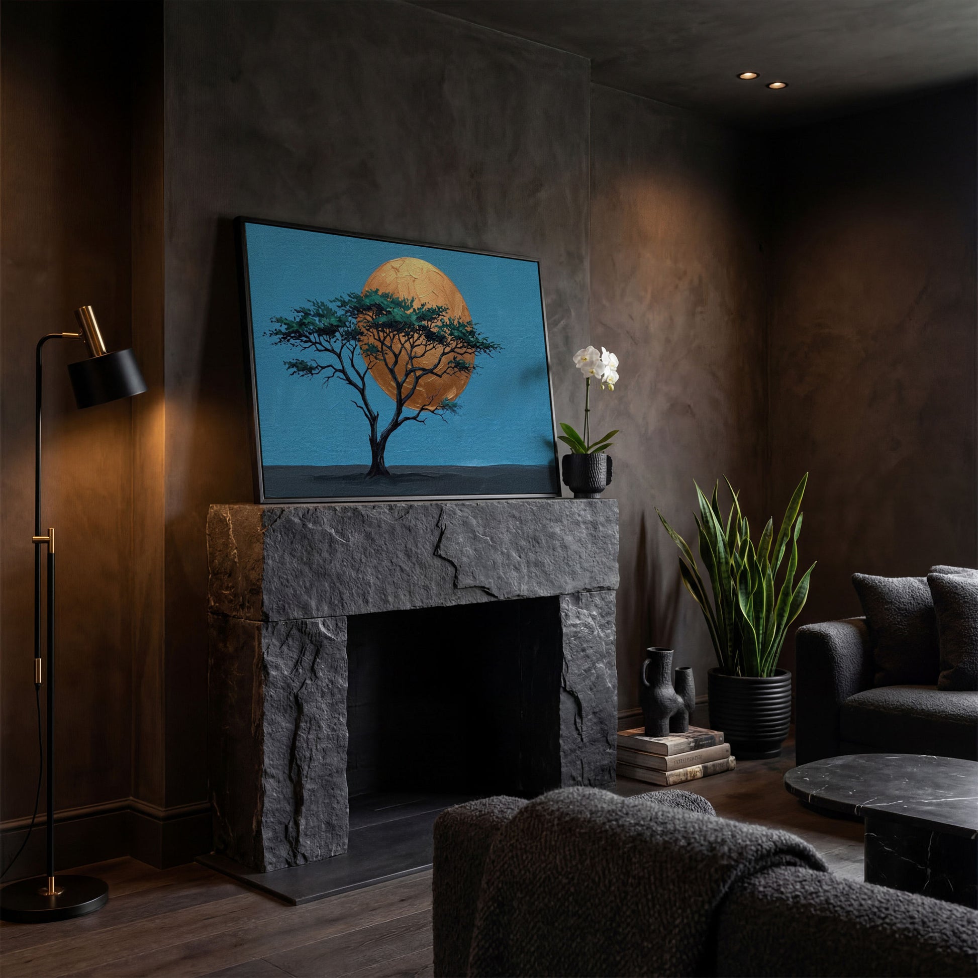 Lone Tree Against a Golden Sun: Silhouette Canvas Wall Art in black floating frame