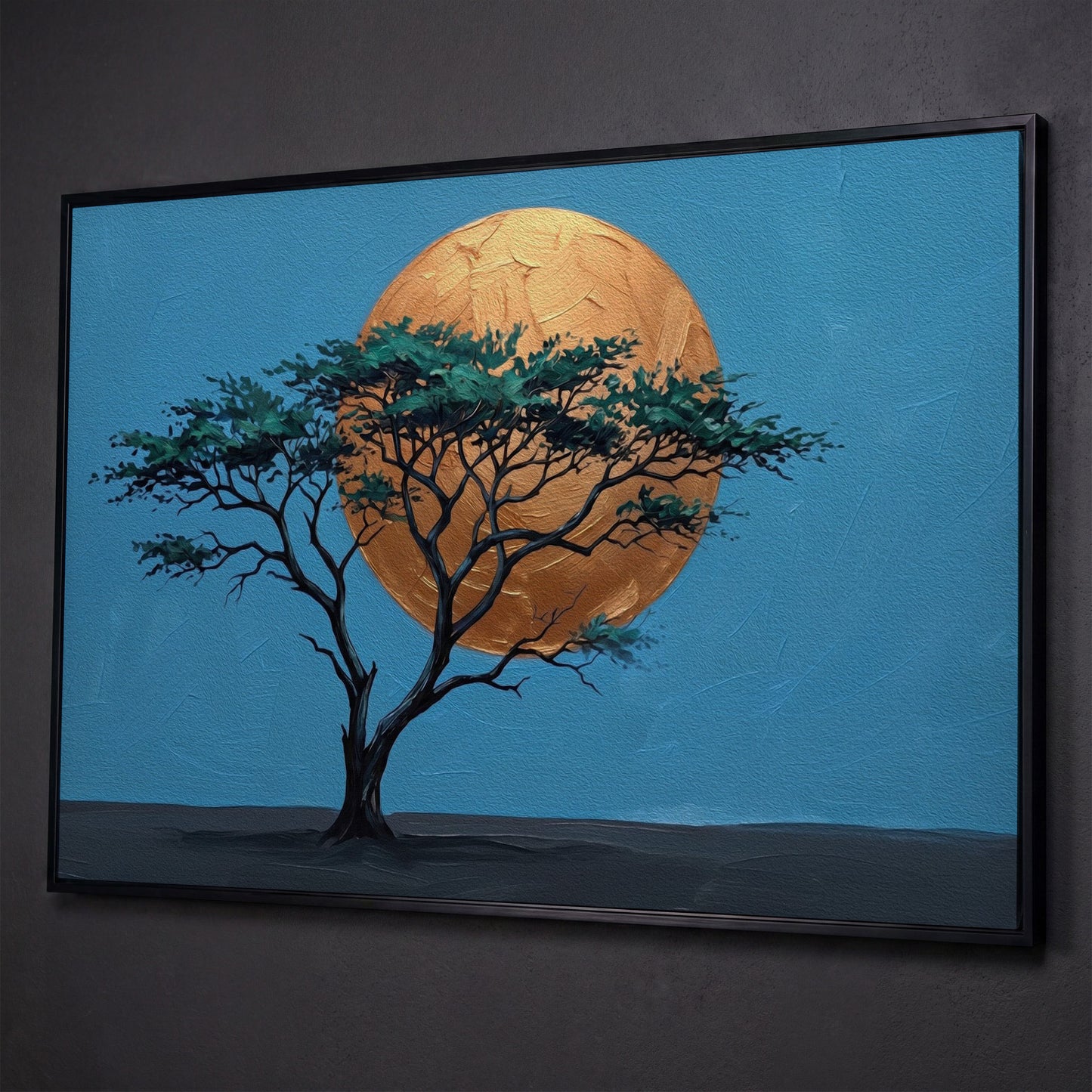 Lone Tree Against a Golden Sun: Silhouette Canvas Wall Art shown in black floating frame