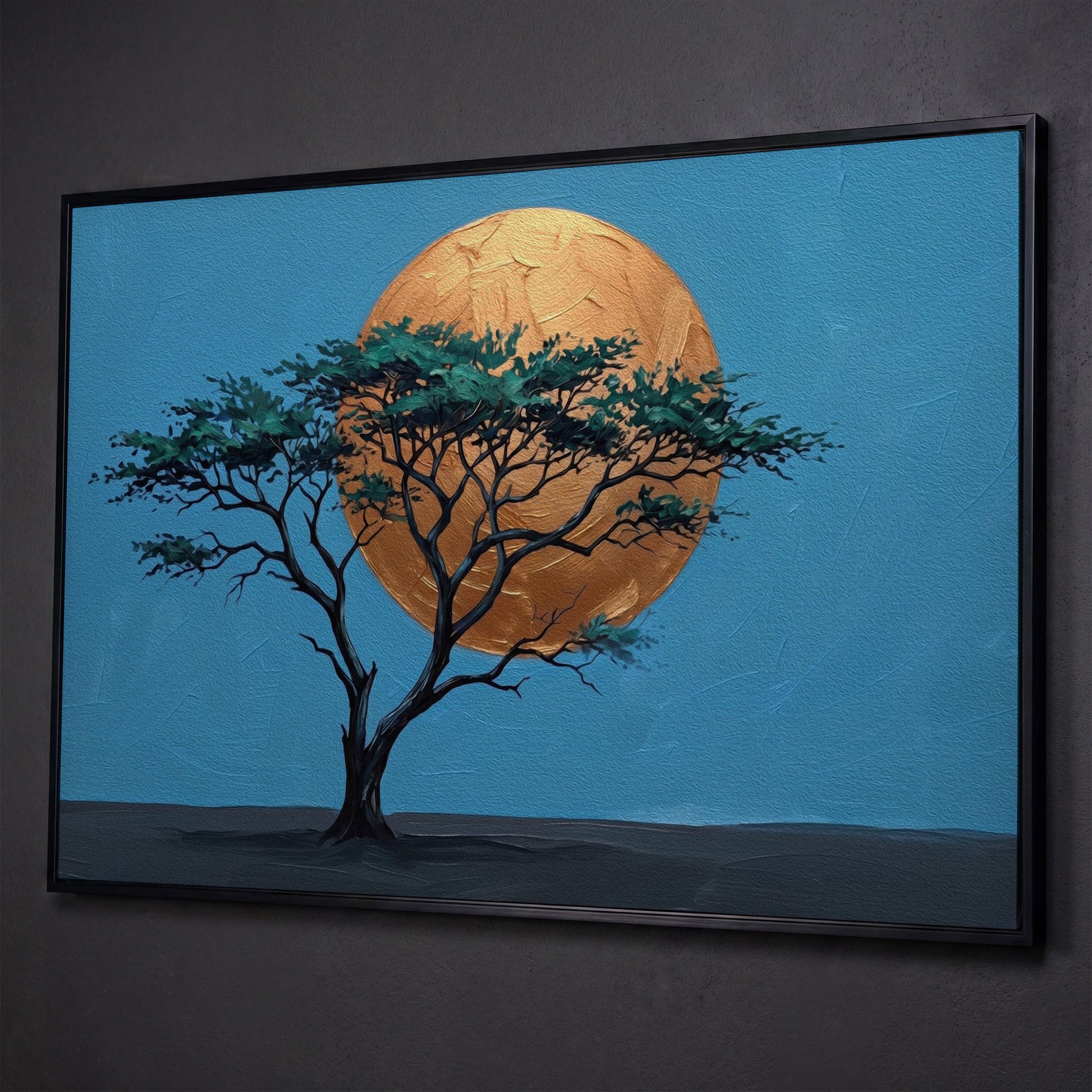 Lone Tree Against a Golden Sun: Silhouette Canvas Wall Art shown in black floating frame