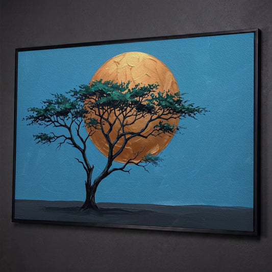 Lone Tree Against a Golden Sun: Silhouette Canvas Wall Art shown in black floating frame