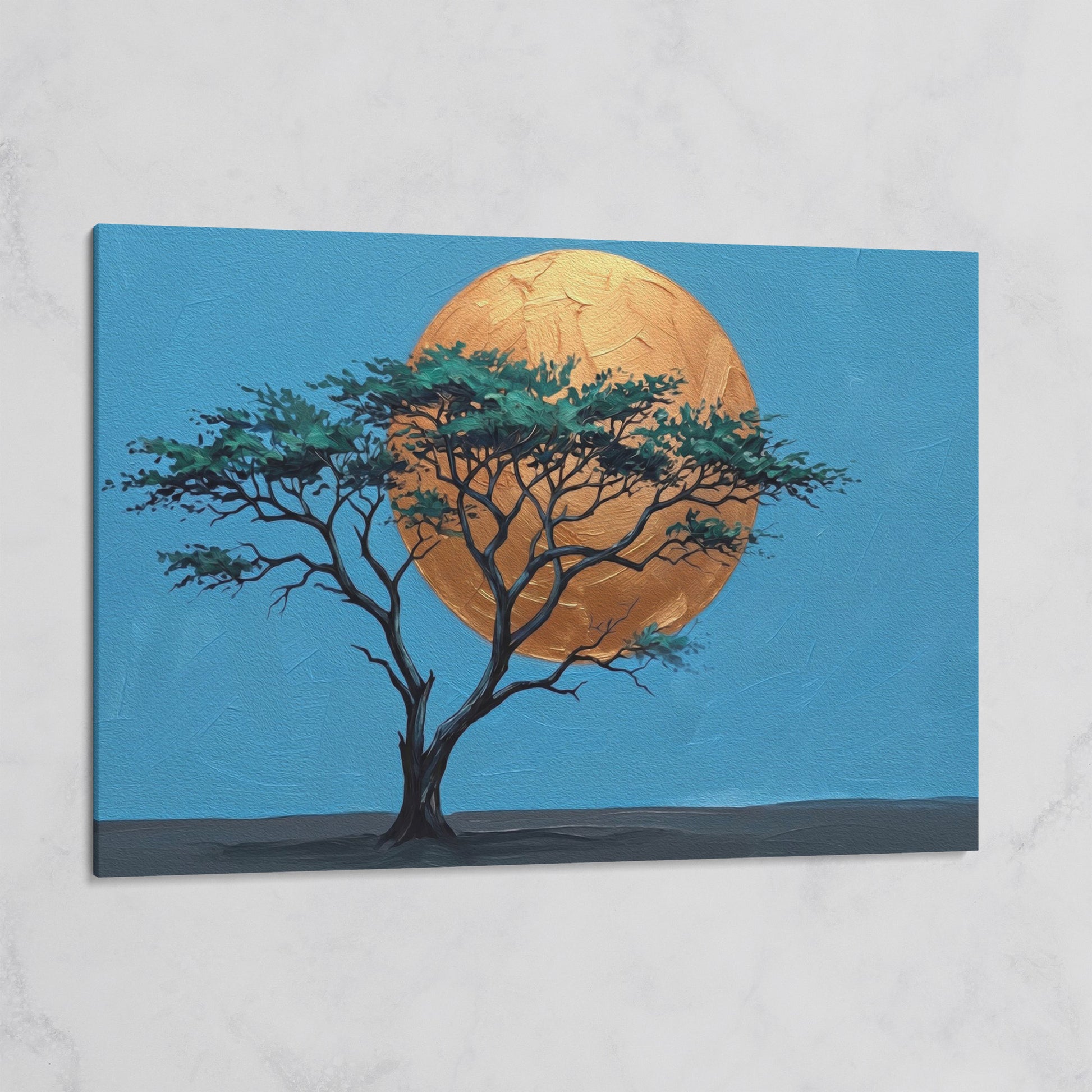 Lone Tree Against a Golden Sun: Silhouette Canvas Wall Art on gallery wrap