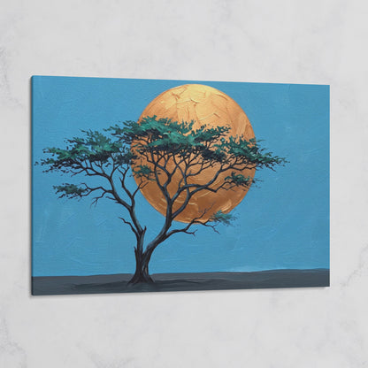 Lone Tree Against a Golden Sun: Silhouette Canvas Wall Art on gallery wrap