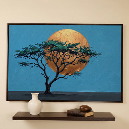 Lone Tree Against a Golden Sun: Silhouette Canvas Wall Art in dark walnut floating frame