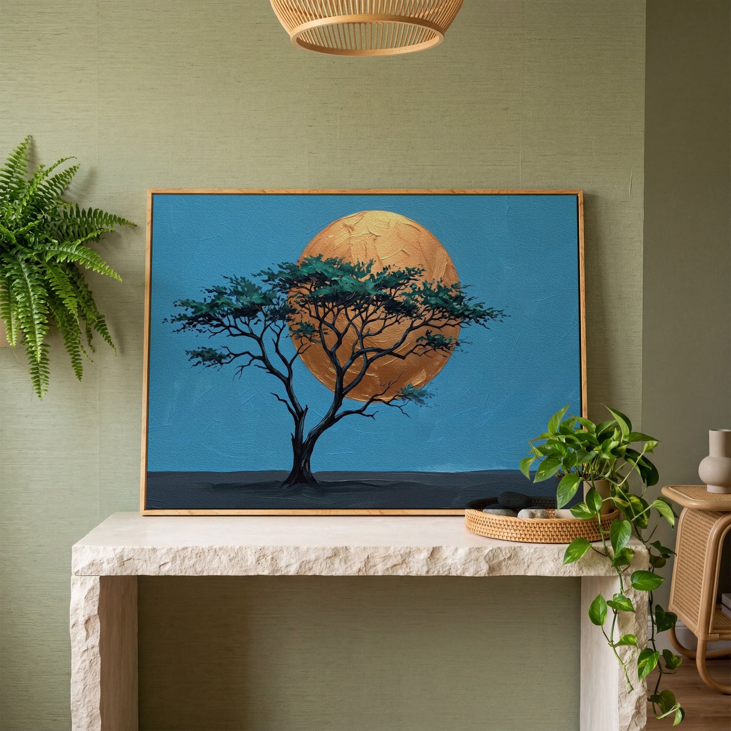 Lone Tree Against a Golden Sun: Silhouette Canvas Wall Art in white oak floating frame
