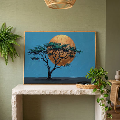 Lone Tree Against a Golden Sun: Silhouette Canvas Wall Art in white oak floating frame