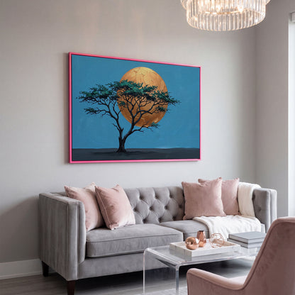 Lone Tree Against a Golden Sun: Silhouette Canvas Wall Art in pink floating frame