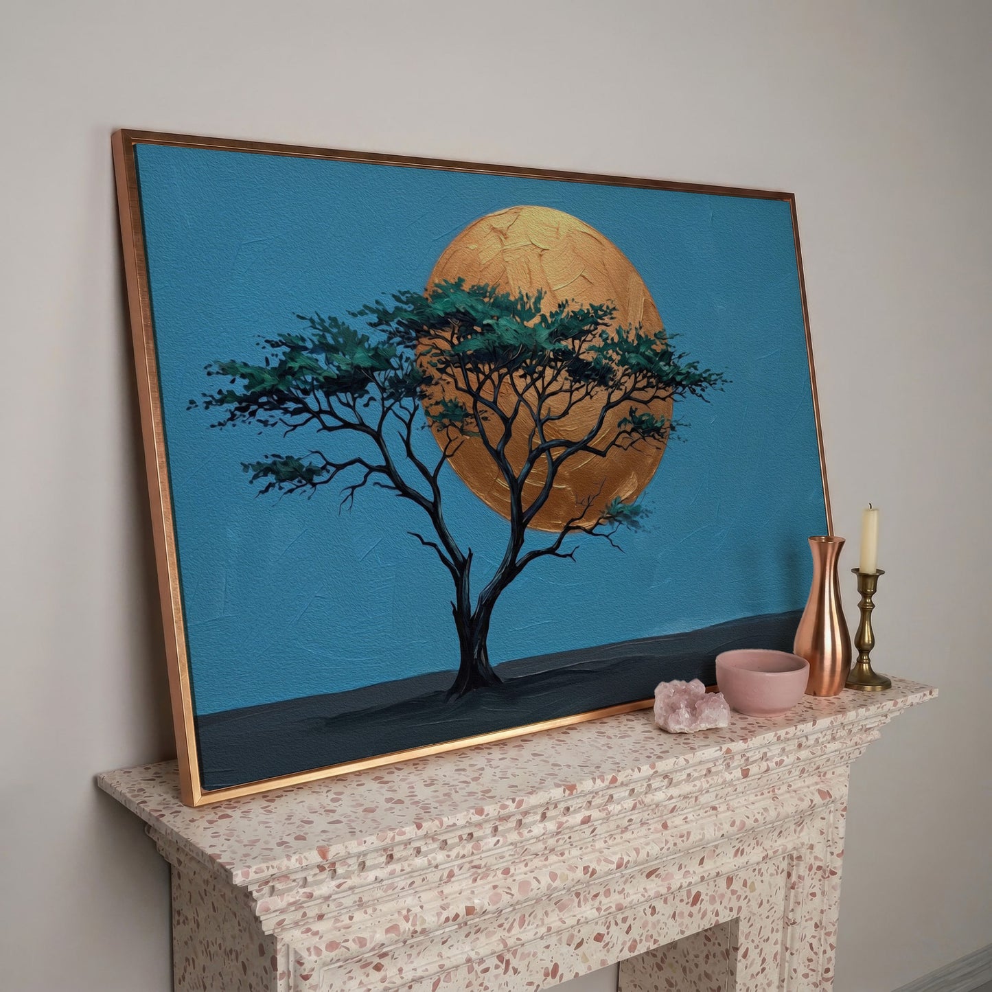 Lone Tree Against a Golden Sun: Silhouette Canvas Wall Art in rose gold floating frame