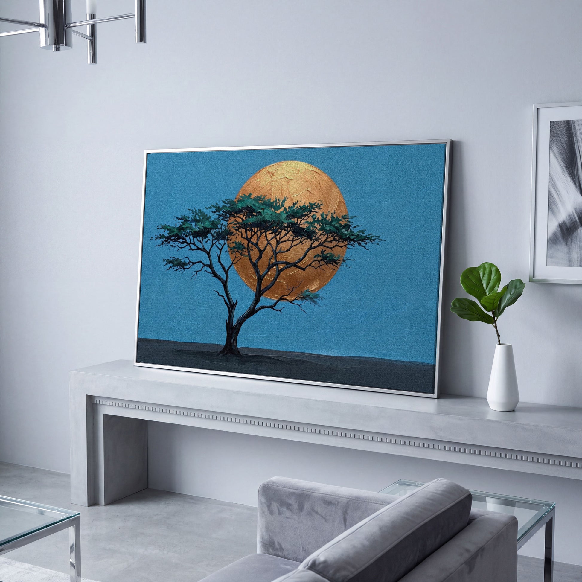 Lone Tree Against a Golden Sun: Silhouette Canvas Wall Art in silver floating frame