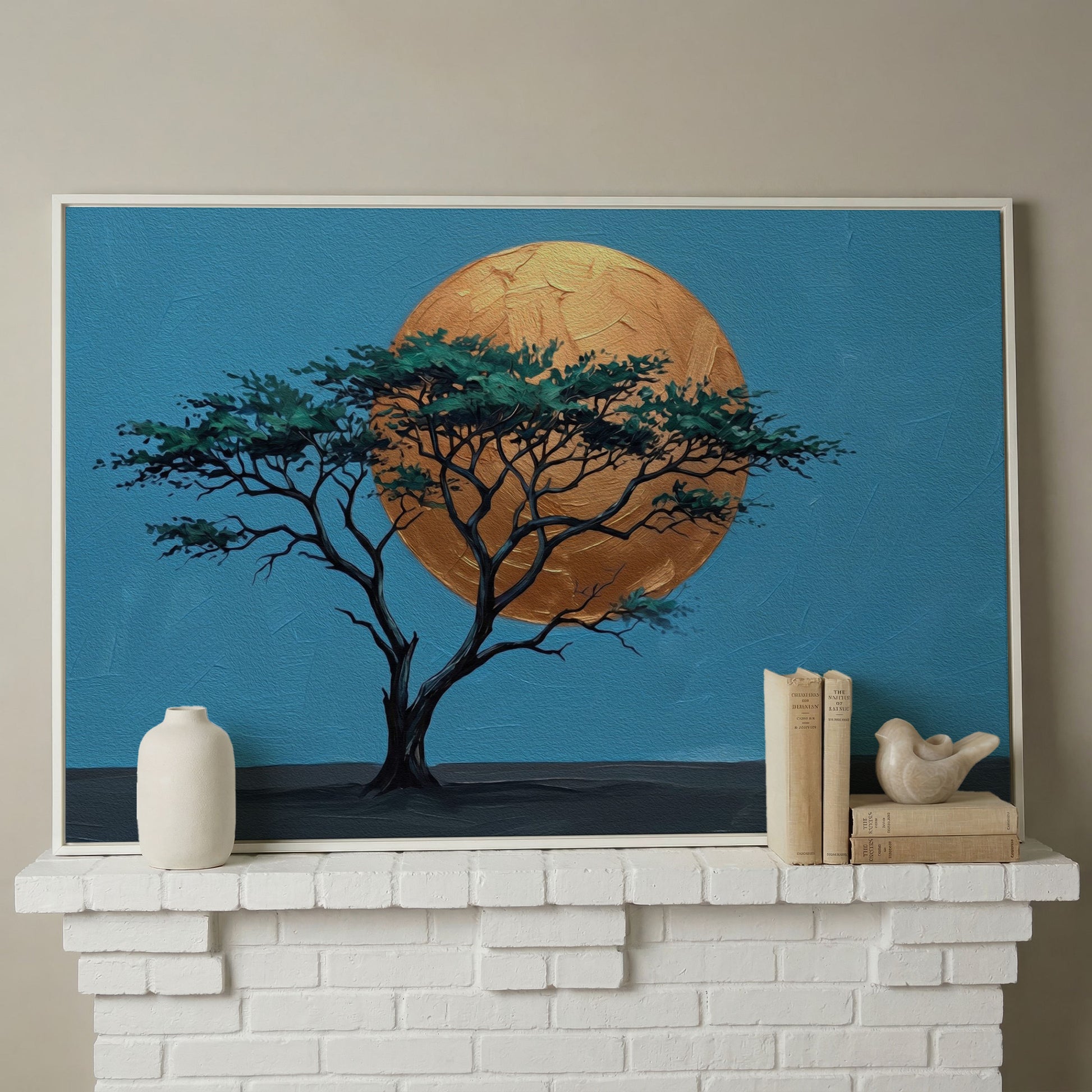 Lone Tree Against a Golden Sun: Silhouette Canvas Wall Art in white floating frame