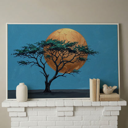 Lone Tree Against a Golden Sun: Silhouette Canvas Wall Art in white floating frame