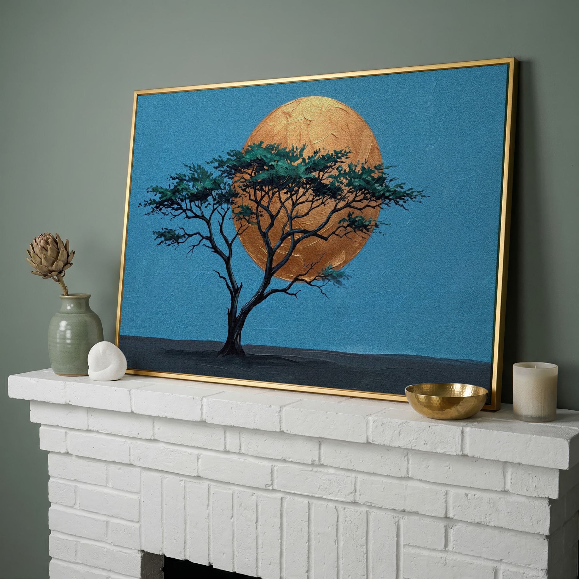 Lone Tree Against a Golden Sun: Silhouette Canvas Wall Art in yellow gold floating frame