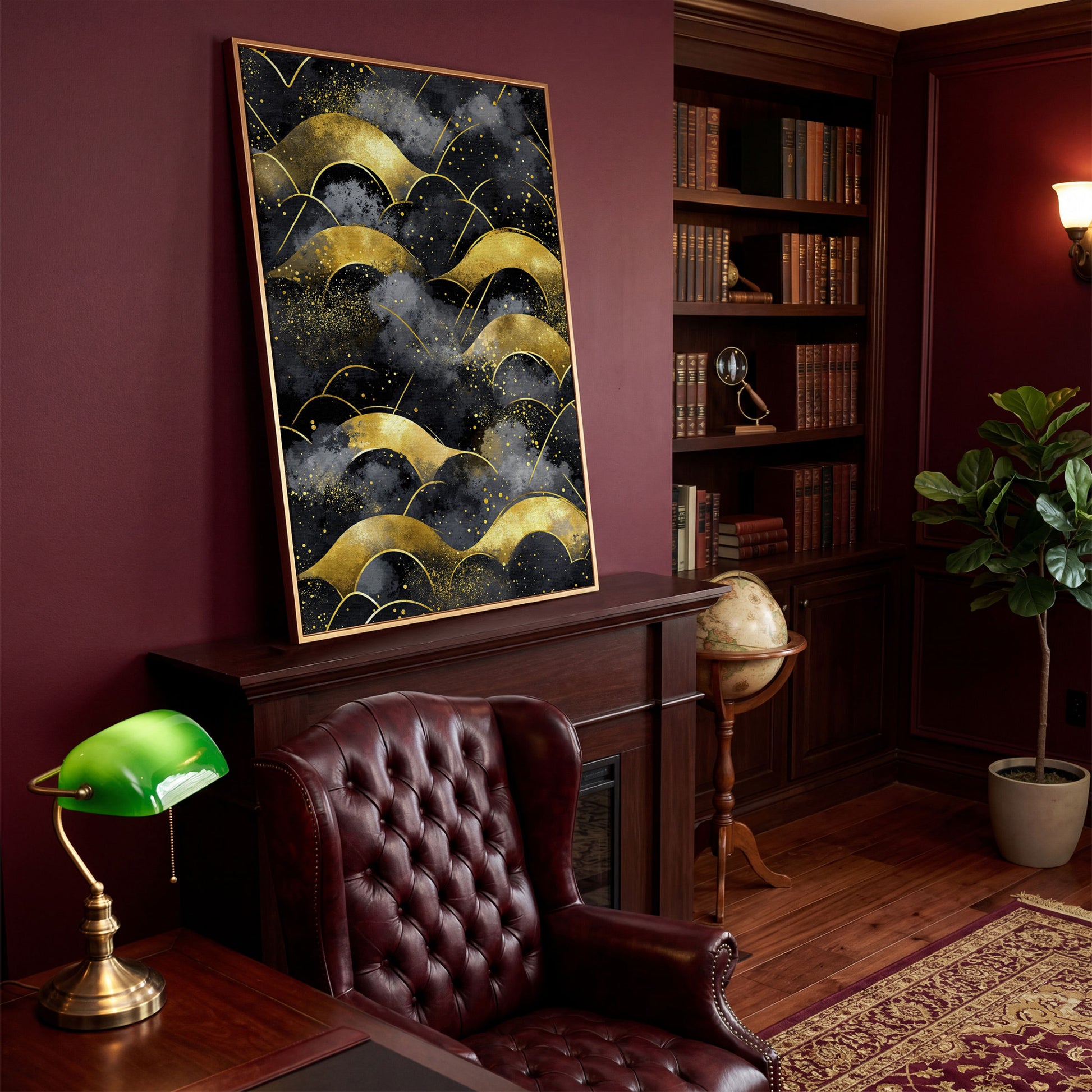 Golden Wave Landscape Abstract Canvas Art, Dark Sky in antique gold floating frame