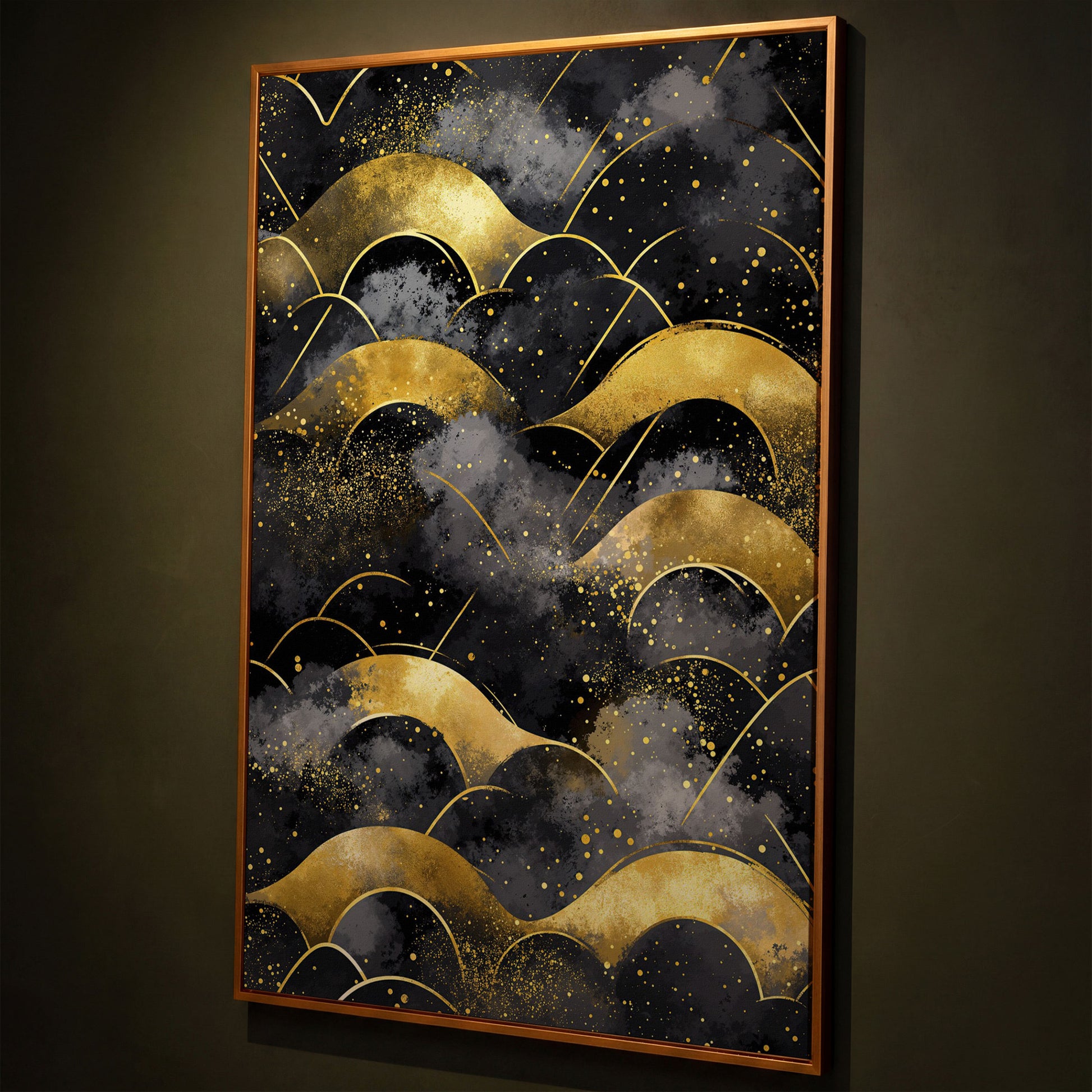 Golden Wave Landscape Abstract Canvas Art, Dark Sky shown in antique gold floating frame