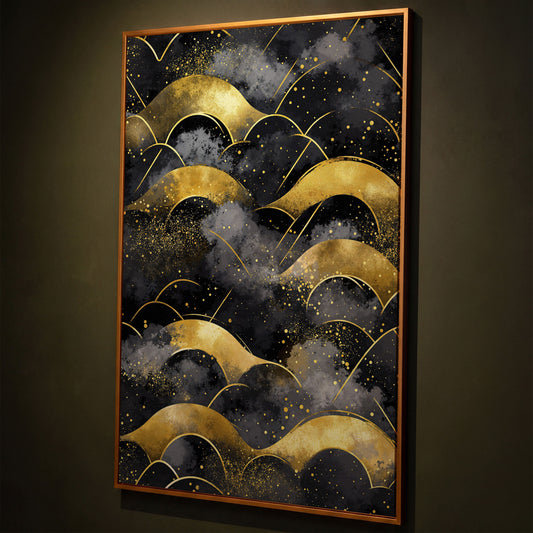 Golden Wave Landscape Abstract Canvas Art, Dark Sky shown in antique gold floating frame