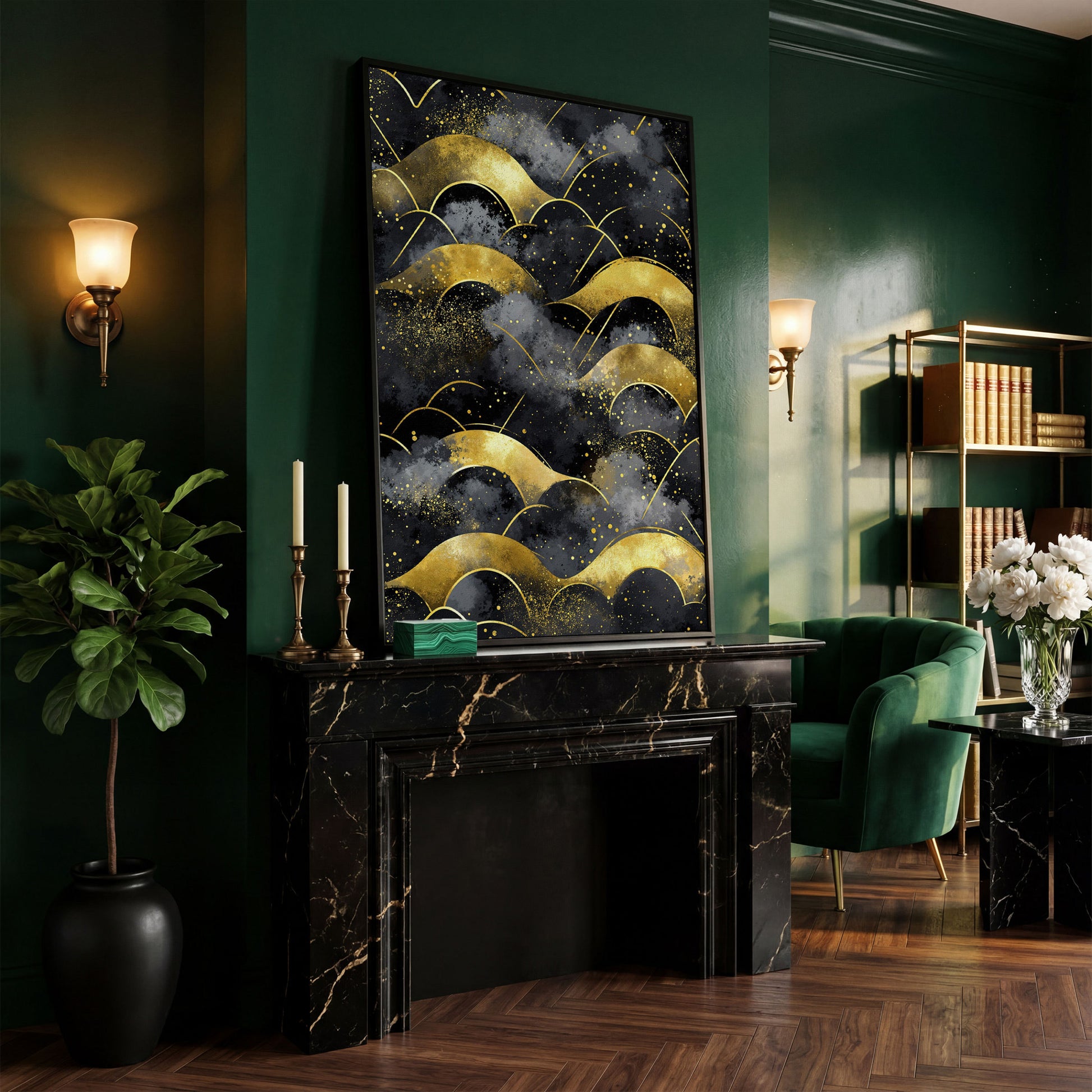 Golden Wave Landscape Abstract Canvas Art, Dark Sky in black floating frame