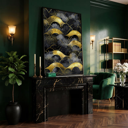 Golden Wave Landscape Abstract Canvas Art, Dark Sky in black floating frame