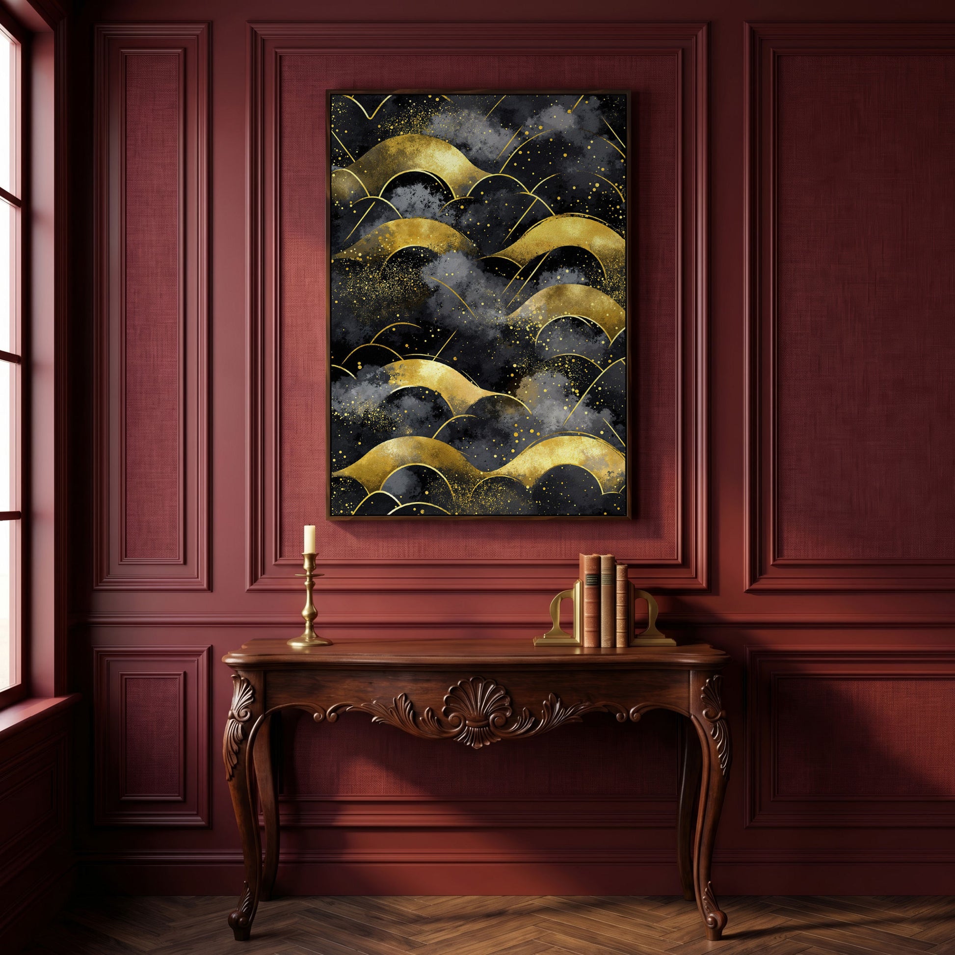 Golden Wave Landscape Abstract Canvas Art, Dark Sky in dark walnut floating frame