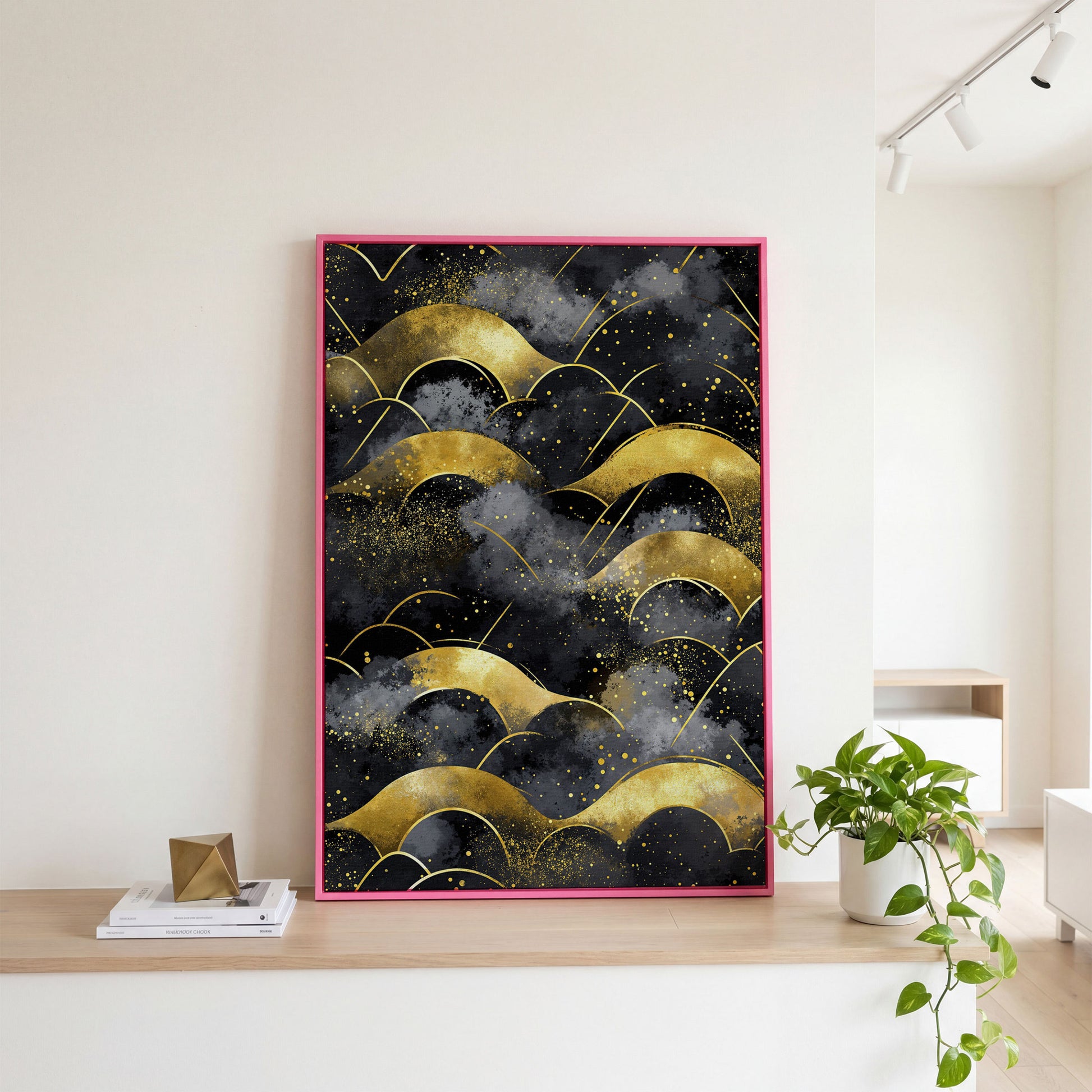Golden Wave Landscape Abstract Canvas Art, Dark Sky in pink floating frame