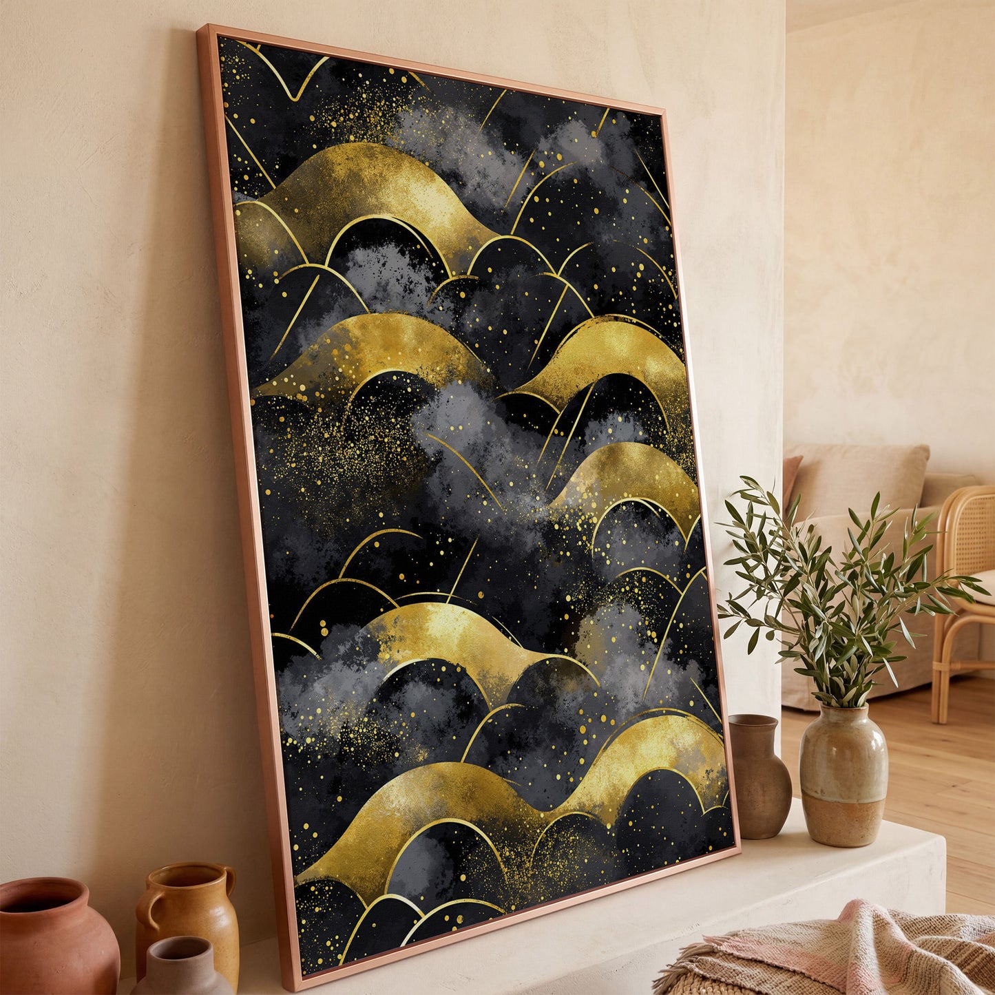 Golden Wave Landscape Abstract Canvas Art, Dark Sky in rose gold floating frame
