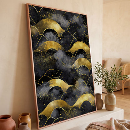 Golden Wave Landscape Abstract Canvas Art, Dark Sky in rose gold floating frame