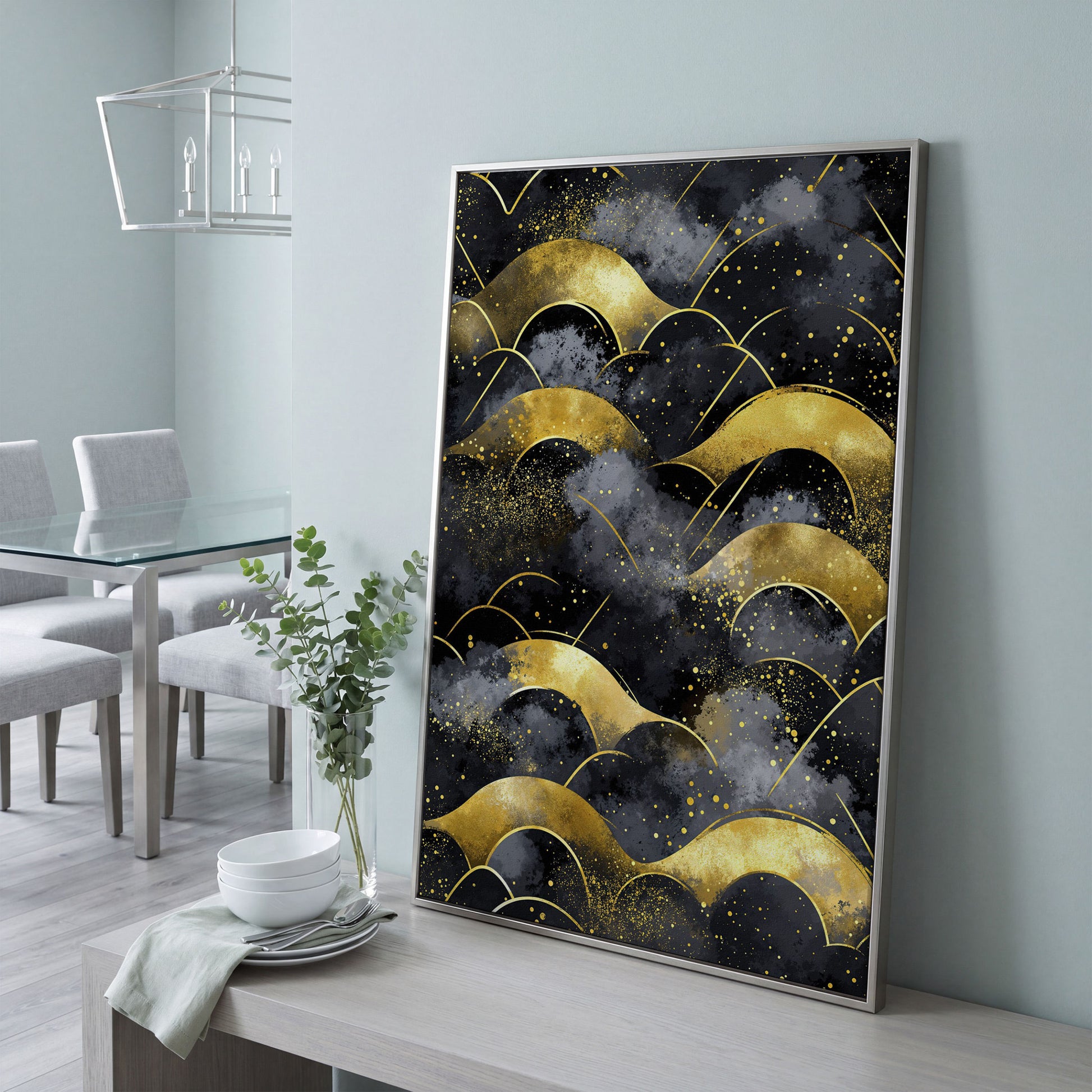 Golden Wave Landscape Abstract Canvas Art, Dark Sky in silver floating frame