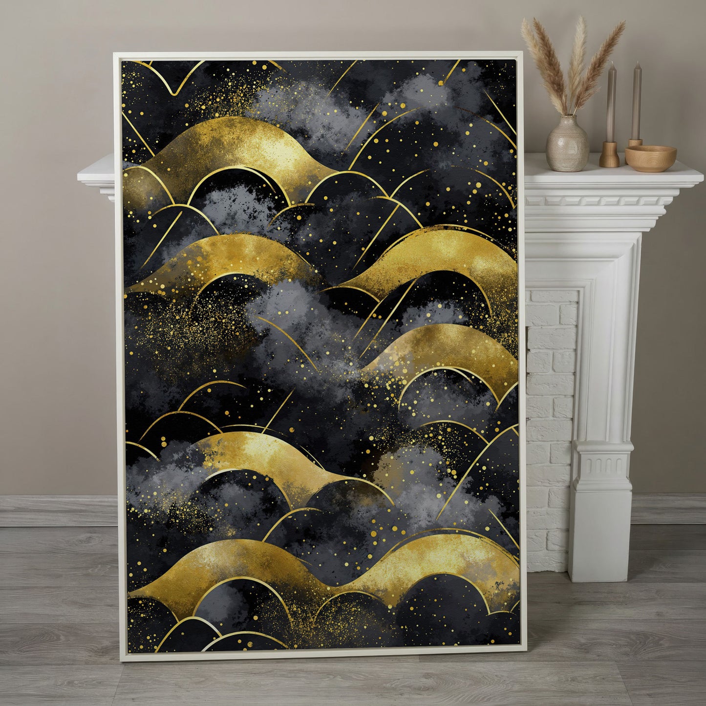 Golden Wave Landscape Abstract Canvas Art, Dark Sky in white floating frame