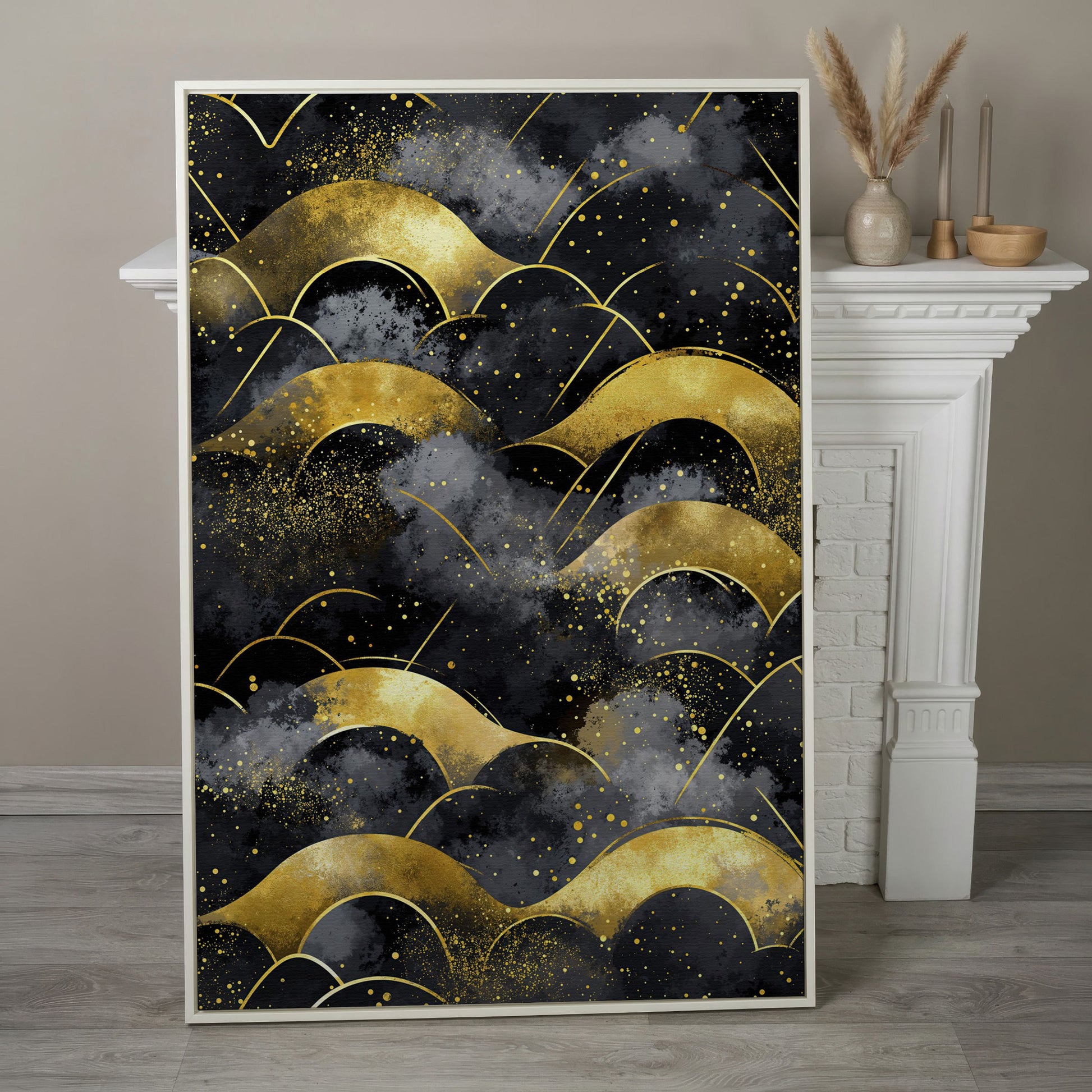 Golden Wave Landscape Abstract Canvas Art, Dark Sky in white floating frame
