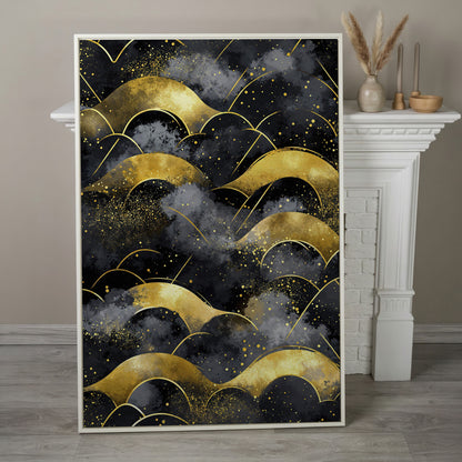 Golden Wave Landscape Abstract Canvas Art, Dark Sky in white floating frame