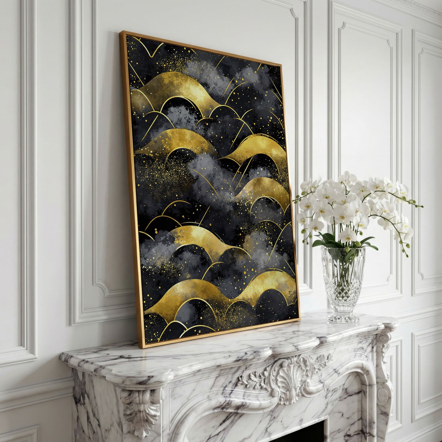 Golden Wave Landscape Abstract Canvas Art, Dark Sky in yellow gold floating frame
