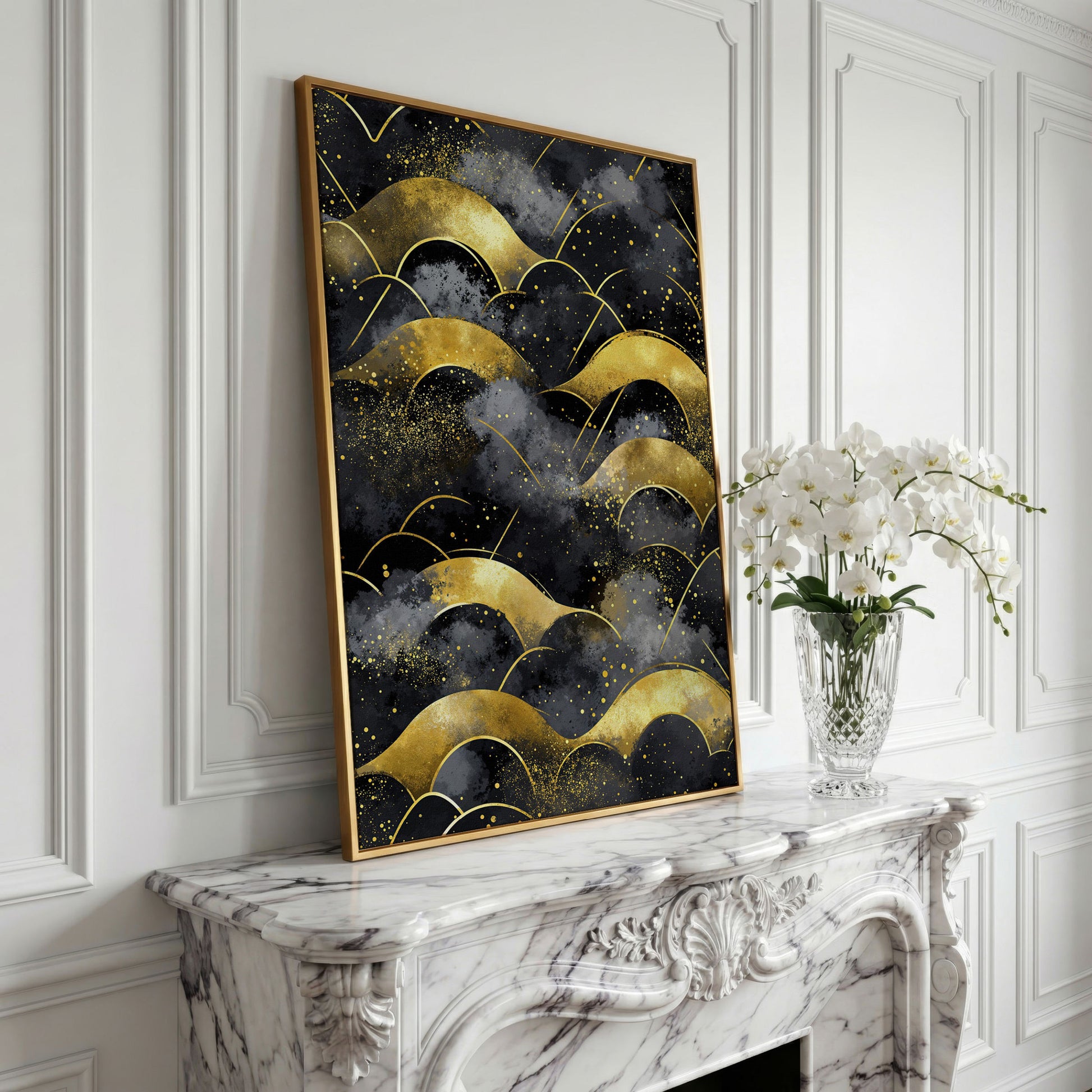 Golden Wave Landscape Abstract Canvas Art, Dark Sky in yellow gold floating frame