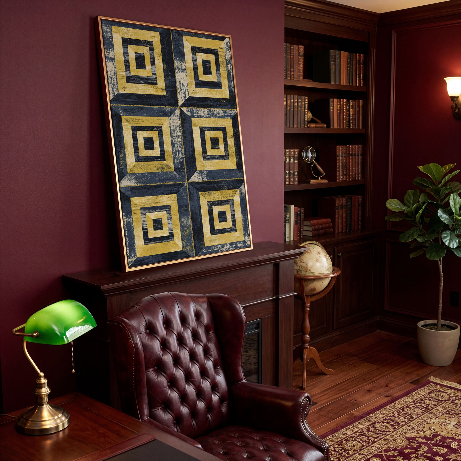 Nested Squares Grid Canvas Art. Abstract Geometric Portrait Print in antique gold floating frame