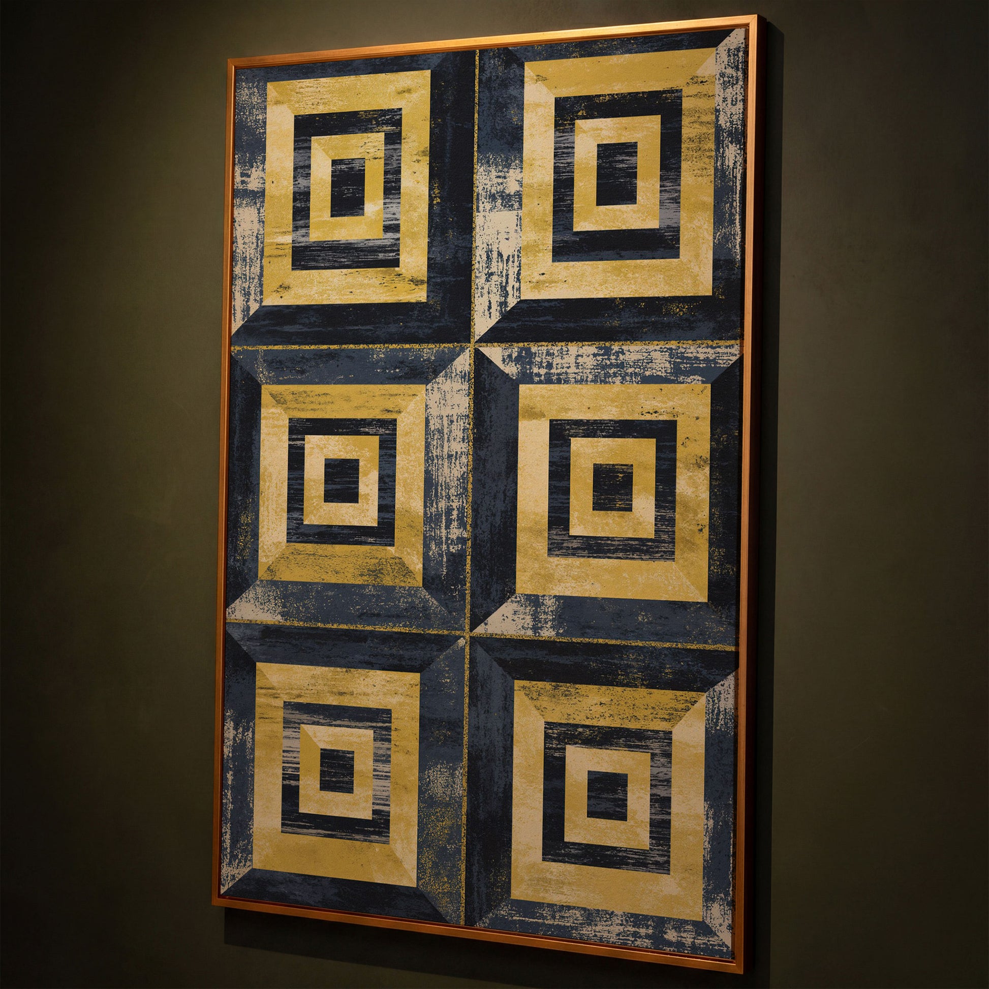 Nested Squares Grid Canvas Art. Abstract Geometric Portrait Print shown in antique gold floating frame